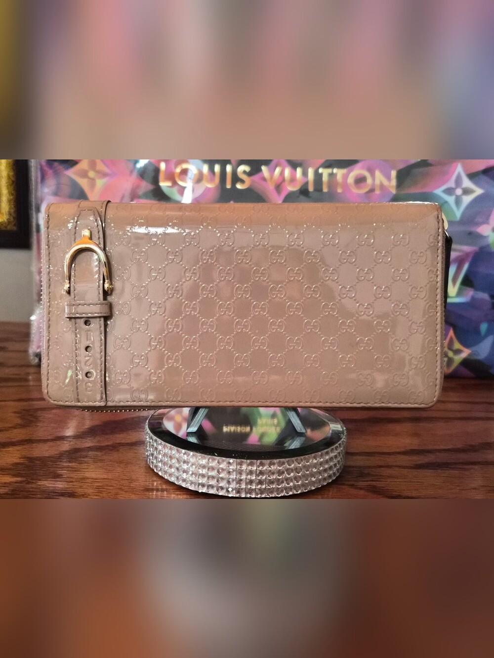 Guccissima Taupe Patent Leather GG Continental Wallet with Gold Buckle